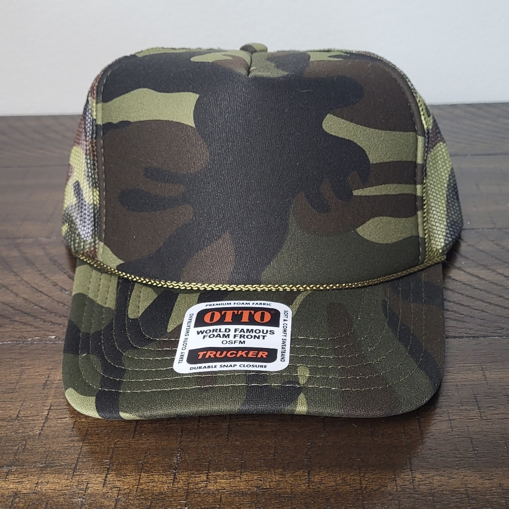 New! Blank Otto Trucker Hat. High profile foam front, mesh, Snapback. Camo